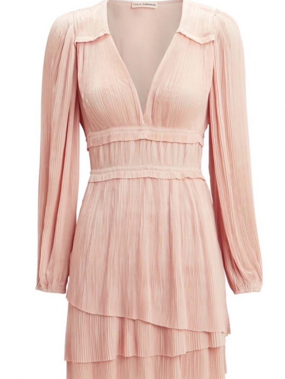 Ulla Johnson Soft Blush Pleated V-Neck Tiered Midi Dress